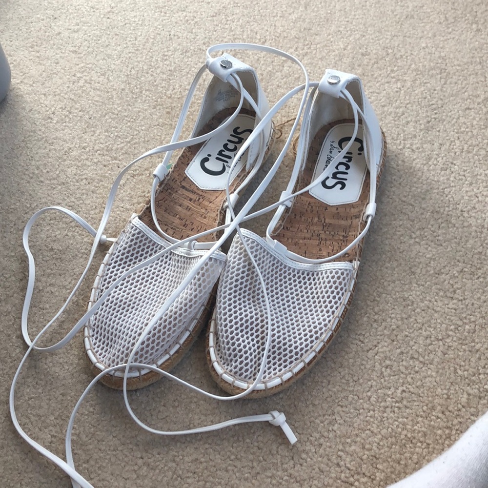 White lace up mesh flats